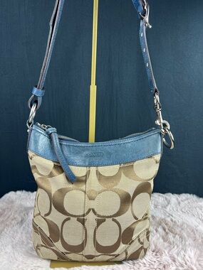 COACH Signature Tan Jacquard & Blue Leather Duffle Crossbody Bag EUC